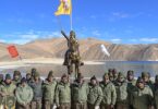 Army personnel inaugurate a statue of Chhatrapati Shivaji Maharaj on the banks of Pangong Tso Lake, in Leh, Ladakh. | Photo Credit: PTI