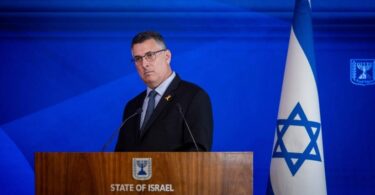 Israeli Minister of Foreign Affairs Gideon Sa'ar speaks to reporters at the ministry in Jerusalem, Jan. 13, 2025. Photo by Chaim Goldberg/Flash90.