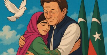 Imran Khan taking the lead from Malala with the dove of peace next to them.
