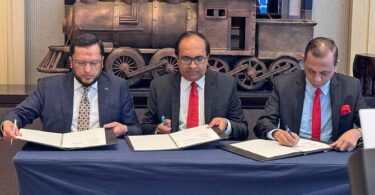 Officials of Pakistan Stock Exchange, Colombo Stock Exchange and the Dhaka Stock Exchange sign tripartite Memorandum of Understanding to strengthen regional capital market cooperation in Colombo, Sri Lanka, on March 27, 2025.
