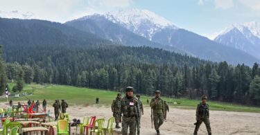 Indian security officers inspect the site in Pahalgam where terrorists opened fire on tourists in Pahalgam in Jammu and Kashmir