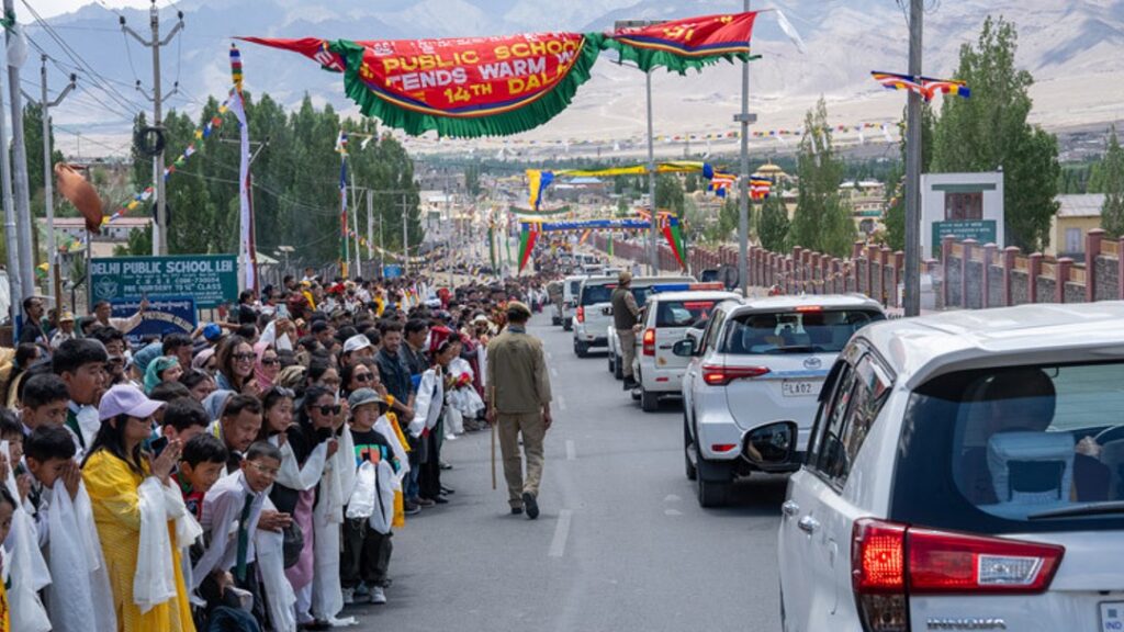 dalai lama motorcade His Holiness the Dala Lama's motorcade making its way to his residence in Shewatsel, Leh, Ladakh, India on July 12, 2025. Photo by Tenzin Choejor