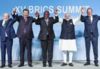 Left to right: Brazilian President Luiz Inacio Lula da Silva, Chinese President Xi Jinping, South African President Cyril Ramaphosa, Indian Prime Minister Narendra Modi and Russian Foreign Minister Sergey Lavrov pose for the group photo at the 15th BRICS Summit, August 23, 2023 in Johannesburg, South Africa