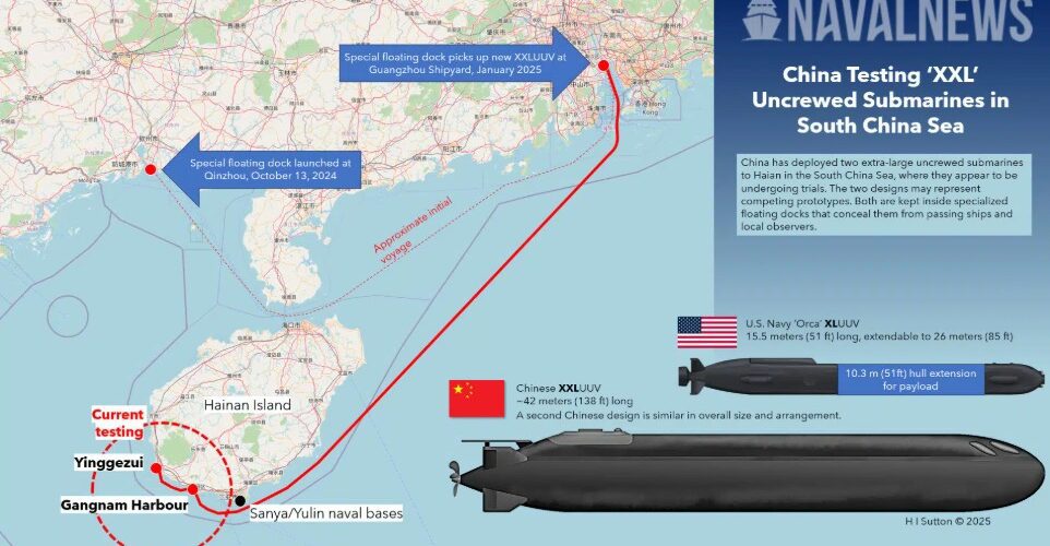 China has deployed two ‘XXL’ uncrewed submarines to Haian in the South China Sea, where they appear to be undergoing trials. The two designs may represent competing prototypes. Both are kept inside specialized floating docks that conceal their presence. Photo credit: Navalnews