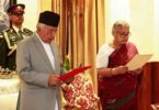 Nepal's President Ram Chandra Paudel administers the oath to the country's newly appointed Prime Minister Sushila Karki during her swearing-in-ceremony at the President House in Kathmandu on September 12, 2025. (AFP)