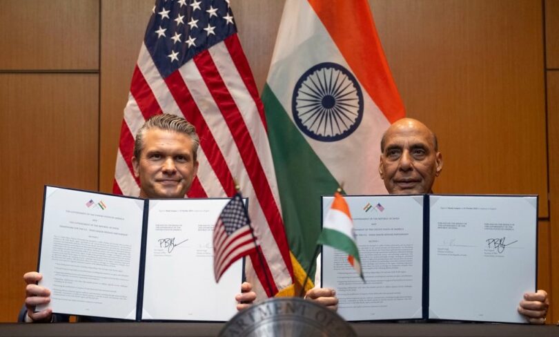Defence Minister Rajnath Singh and US Secretary of War Pete Hegseth exchange the 10-year Defence Framework Agreement in Kuala Lumpur (Photo: X/@SecWar)