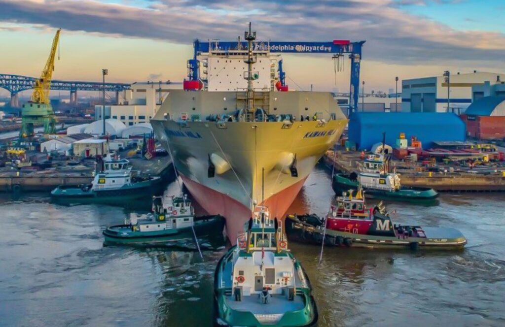 hanwa shipyard A large ship under construction is docked at Philly Shipyard, a state-of-the-art facility located in Philadelphia, PA.