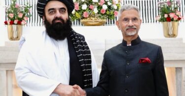 EAM Jaishankar meets with FM Mawlawi Amir Khan Muttaqi of Afghanistan on 10 October 2025 in New Delhi.