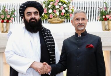 EAM Jaishankar meets with FM Mawlawi Amir Khan Muttaqi of Afghanistan on 10 October 2025 in New Delhi.