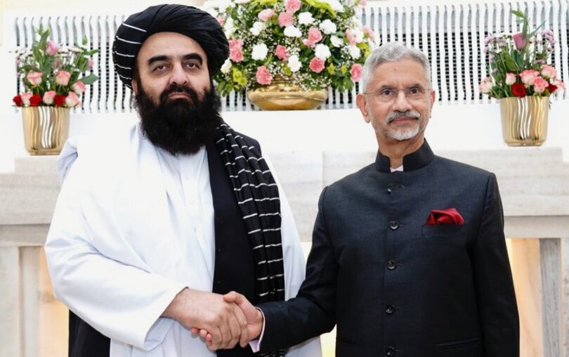 EAM Jaishankar meets with FM Mawlawi Amir Khan Muttaqi of Afghanistan on 10 October 2025 in New Delhi.