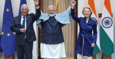 Prime Minister Narendra Modi at the 16th India-EU Summit with European Council President António Costa and European Commission President Ursula von der Leyen. Source: (X:@narendramodi)