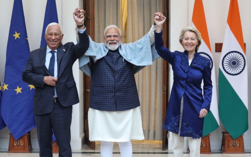 Prime Minister Narendra Modi at the 16th India-EU Summit with European Council President António Costa and European Commission President Ursula von der Leyen. Source: (X:@narendramodi)