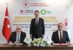 TPAO General Manager Cem Erdem, BP International Oil and Gas Business Development Head Andrew McAuslan and Turkey's Energy and Natural Resources Minister Alparslan Bayraktar during the TPAO–bp memorandum signing in Istanbul, February 12, 2026. (Photo X/@aBayraktar1)