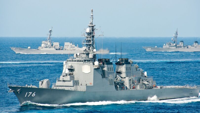 JS Chokai, USS Mustin and JS Ariake at the Keen Sword marine exercise in 2012