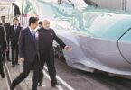 PM Narendra Modi and PM Shinzo Abe boarding the Shinkansen bullet train from Tokyo to Kobe in 2017.