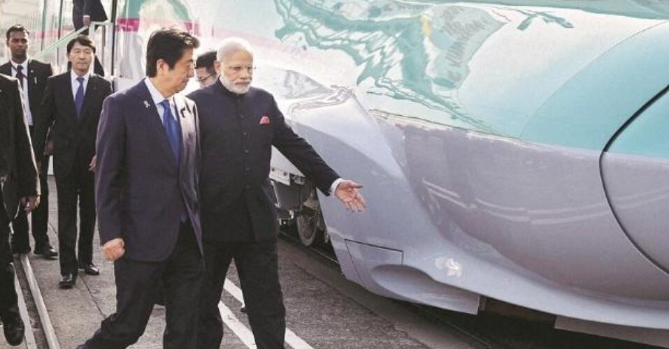 modi abe bullet train PM Narendra Modi and PM Shinzo Abe boarding the Shinkansen bullet train from Tokyo to Kobe in 2017.