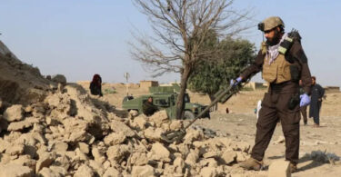 Taliban security personnel inspects the location of a Pakistani airstrike in Gurbuz, Afghanistan's Khost province, on 24 September 2026.