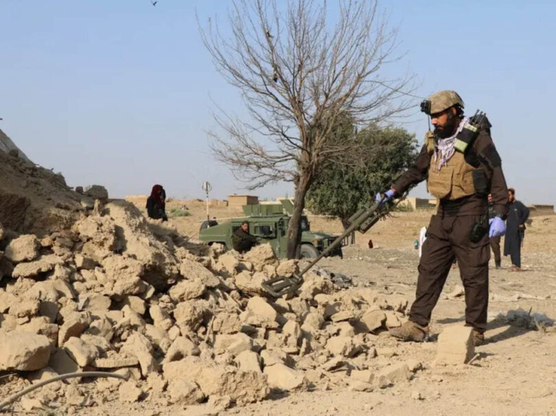 Taliban security personnel inspects the location of a Pakistani airstrike in Gurbuz, Afghanistan's Khost province, on 24 September 2026.