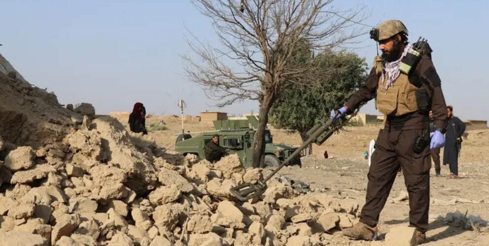 taliban inspects Taliban security personnel inspects the location of a Pakistani airstrike in Gurbuz, Afghanistan's Khost province, on 24 September 2026.
