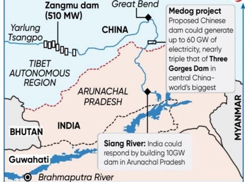 The Brahmaputra River originates in Mansarovar area of Tibet, where it is called Yarlung Tsangpo. It flows Eastwards till the Namcha Barwa Peak and swings south in a loop around it known as the "Great Bend". It enters India through Kepang La near Tuting. It is known as the Siang / Dihang till it hits the plains. South of Pasighat it is called the Brahmaputra. In 2021, China announced constructing a new dam in Medog County some 30-km near the LAC with India (https://raksha-anirveda.com/tsangpo-dams-dangers-to-india-and-bangladesh/). China's dams across Brahmaputra, adversely affect ecology, cause seismic activity, water flow into India; enabling China to use water as a weapon. The Brahmaputra causes recurring annual floods in India, primarily affecting Assam during June-October monsoons. The accumulated damage data includes: nearly 31.05 lakh hectares (around 39.58%) of Assam’s area is highly flood-prone (4-times the national average); average 9.31 lakh hectares is submerged annually; in addition, severe bank erosion erodes an annual average of 8,000 hectares; flood damage in the past 10-years is estimated at INR 10,000–15,000 crore. The Damage is severe because: the river originates at high altitudes in Tibet before dropping sharply into India; deforestation, climate change, and heavy monsoon rains trigger intense flash floods; the river carries an incredibly high sediment load, which causes it to breach embankments and violently spill into neighbouring villages.